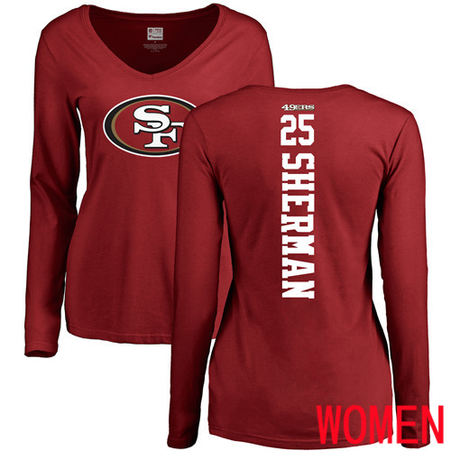 San Francisco 49ers Red Women Richard Sherman Backer #25 Long Sleeve NFL T Shirt->women nfl jersey->Women Jersey